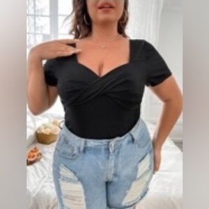 SHEIN CURVE Ribbed Crossover Short Sleeve Top, Size 1X